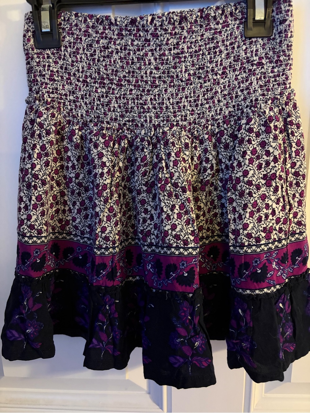 Forever 21 Cream and Purple Floral Smocked Mini Skirt with Black Trim